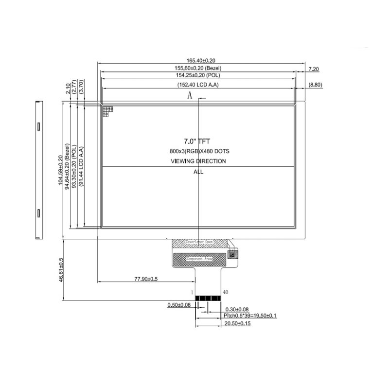 7 inch 800 400 wvga ips lvds interface 500nits tft lcd display1